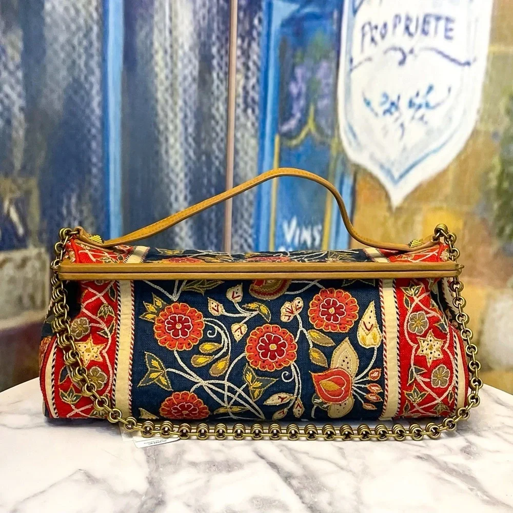 Tory Burch Tapestry Embroidered Barrel Bag‎ Floral Carpet Navy Red Gold GUC